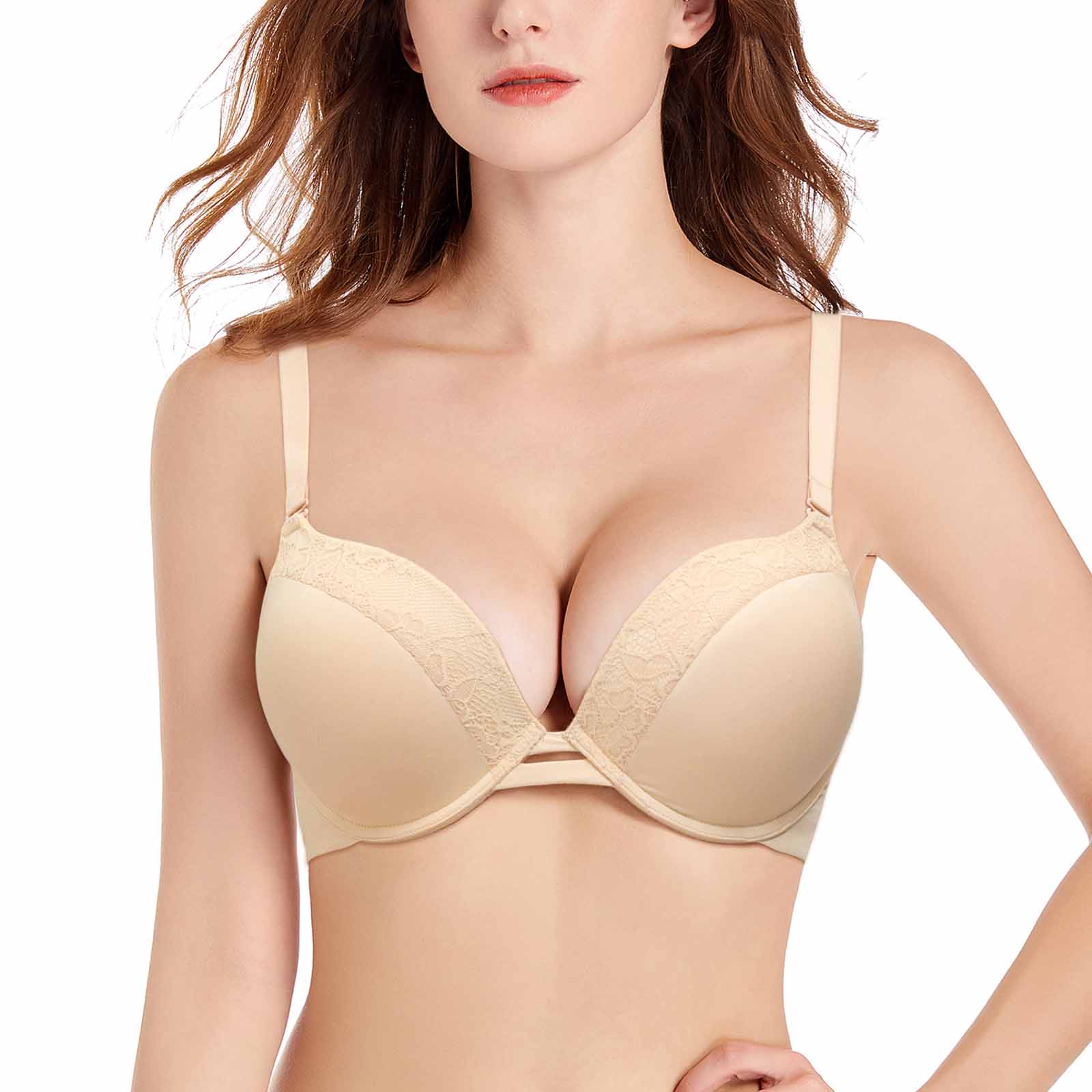 3141 Push Up Thick Padded Plunge Underwire T Shirt Lace Bra Lift