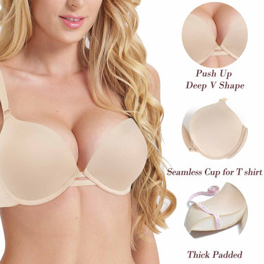 3142 Women's Push Up Bra Add 2 Cup Sizes Super Deep V Plunge Padded Bra Comfort Support Underwire Back Smoothing Bras