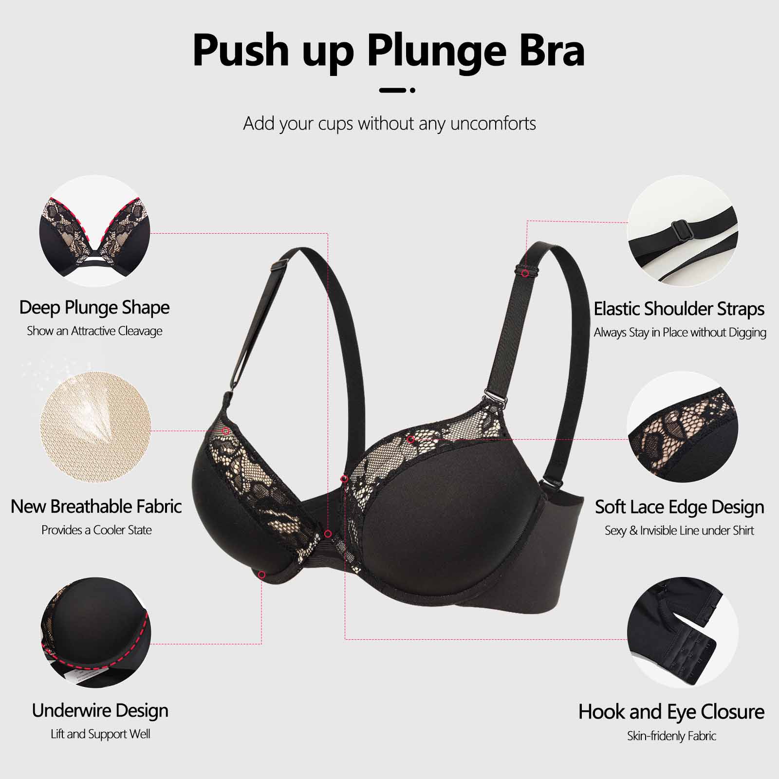 3141 Push Up Thick Padded Plunge Underwire T Shirt Lace Bra Lift
