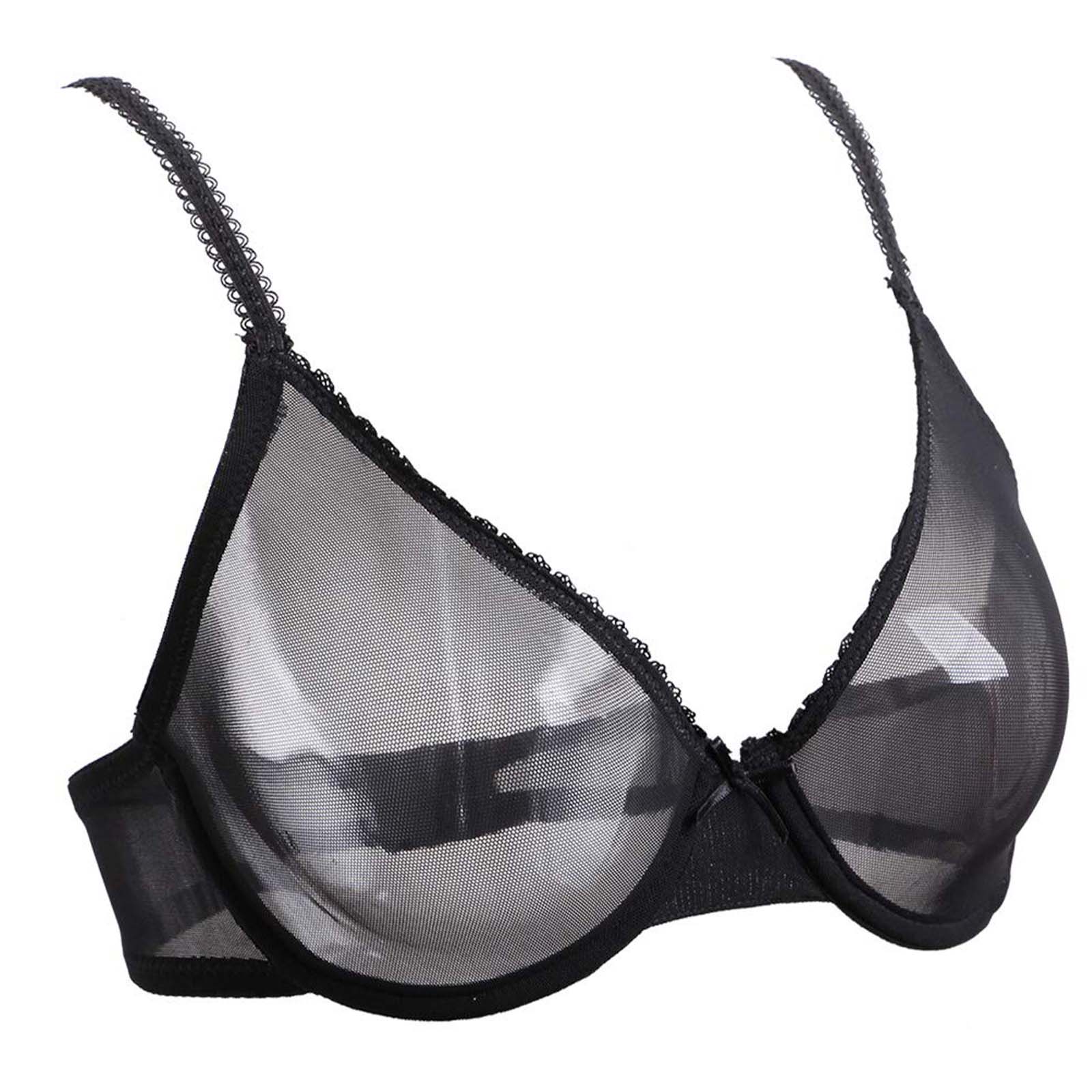 Womens Sheer Balconette Bra Demi Unlined Plunge Mesh See Through Sexy Bras  Underwire Black 38C