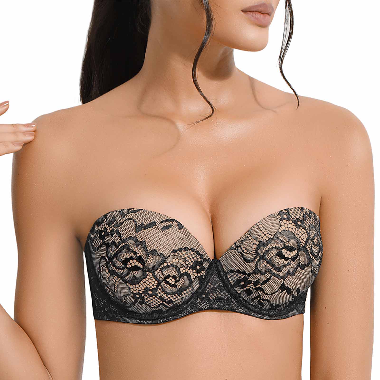Plusfreeee Push Up Strapless Lace Bra Thick Padded Add 2 Cup with