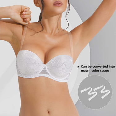 2037 Strapless Bra Push Up Lace Bra Thick Padded Add 2 Cups Multiway with Clear Straps Underwire Supportive Bra