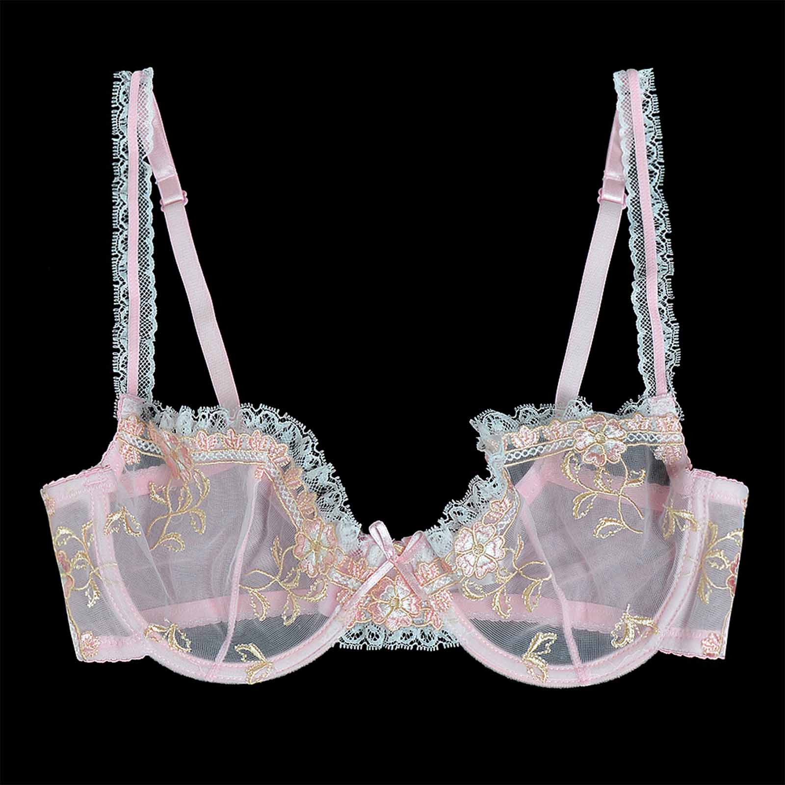 Women's Underwired See Through Sheer Bra and Panties Mesh Unlined Sexy  Floral Lace Bralettes Plus Size 